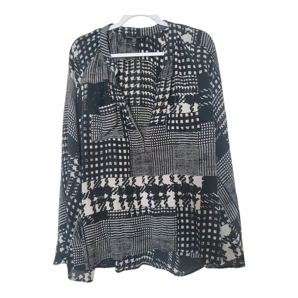 Winter Kale Boho Vintage Silk Top Medium Ginham Flared Sleeves Artsy